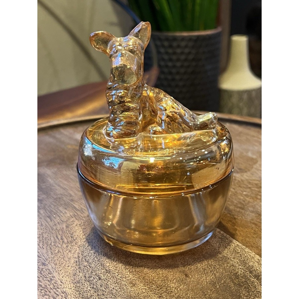 Vtg Jeanette Scottie Dog Marigold Carnival Glass Dish Lid Powder Candy Jar‎ 1940